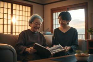 母と娘で古いアルバムを見ている家族の風景